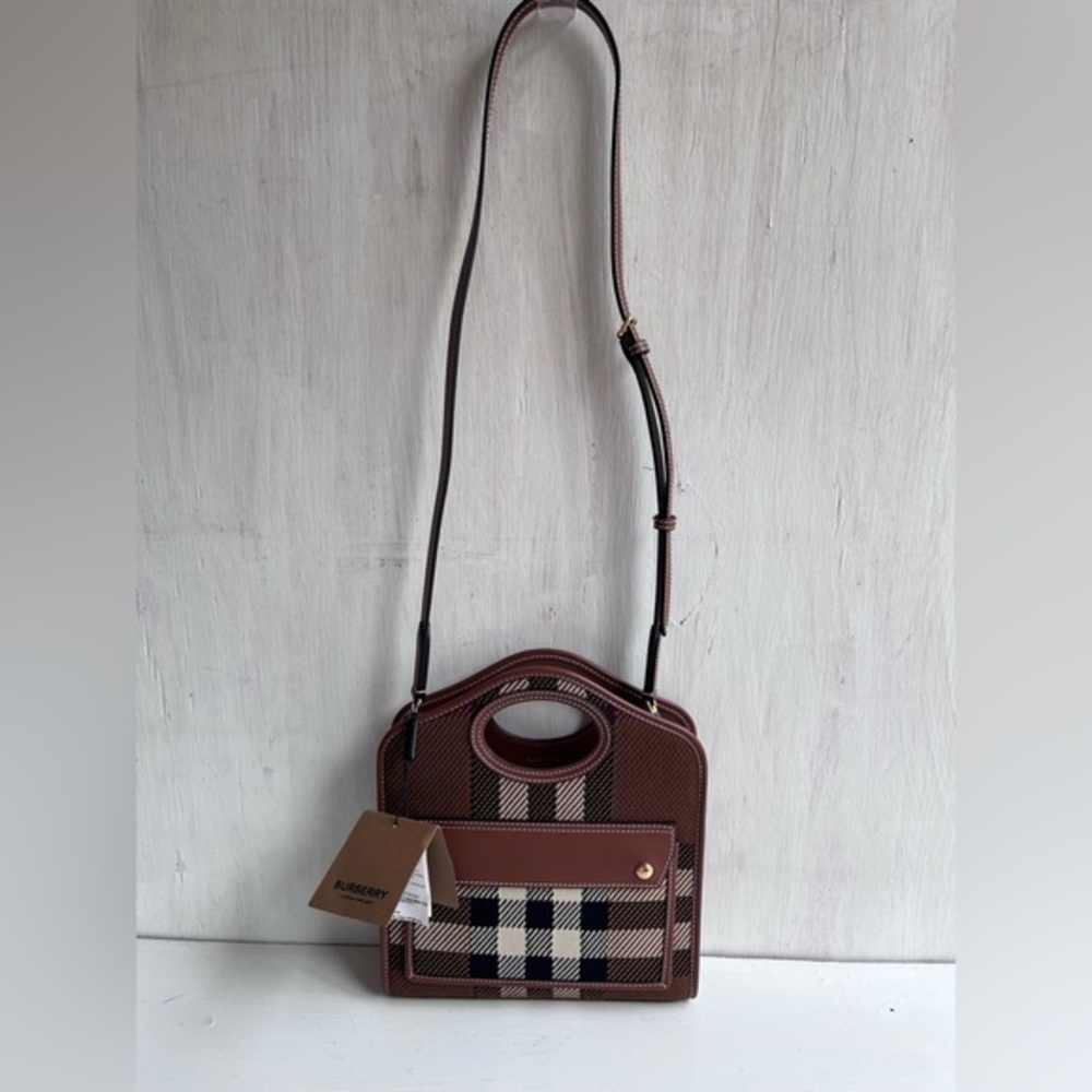BURBERRY Mini Check Jacquard Pocket Bag- Dark Birch Brown - Picture 5 of 14